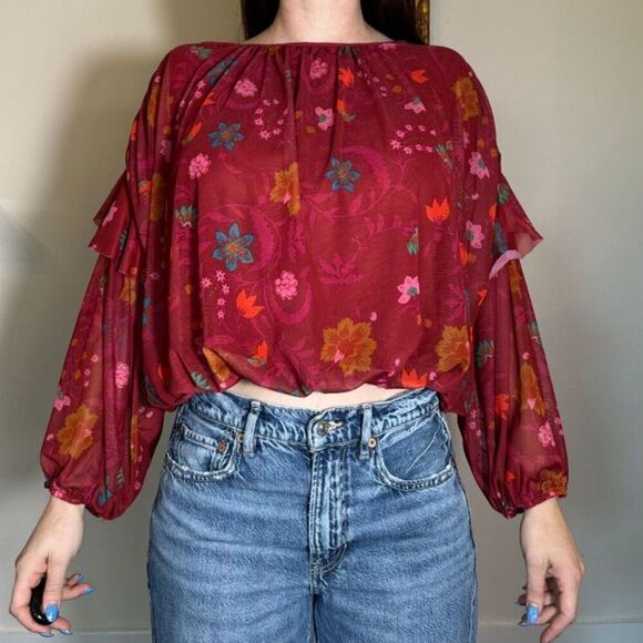 Free People Tops - Free People Red Boho Longsleeve Blouse Size Small